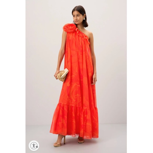Mac Duggal One Shoulder Rose Ruffle Maxi Dress Ruffle Orange Red Sleeveless Sz 8 - Picture 1 of 12